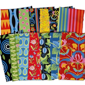 Pode incluir: Uma coleção de amostras de tecido retangulares com padrões diversos, incluindo listras verticais, motivos florais, formas geométricas e linhas sinuosas em cores vibrantes como vermelho, azul, verde, amarelo, preto e rosa.
