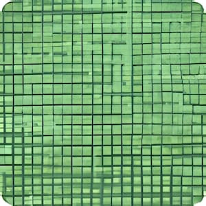 May include: Abstract green square pattern with a grid overlay. The design features a mosaic of small, irregular squares in varying shades of green, creating a textured, geometric effect. The grid adds a structured contrast to the organic shapes.