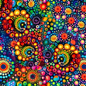 May include: A vibrant, abstract pattern featuring a multitude of colorful circles and floral shapes. The design incorporates a rich palette of blues, greens, yellows, oranges, and pinks, creating a visually dynamic and engaging artwork. The pattern is set against a dark blue background.