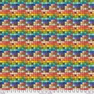 May include: A colorful fabric with a repeating pattern of small squares in various shades of blue, green, yellow, orange, red, and purple. The squares are arranged in horizontal rows, creating a striped effect.