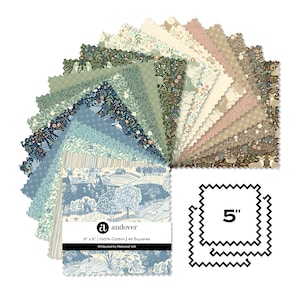 May include: A selection of 42 fabric squares, each 12.7 cm by 12.7 cm, showcasing diverse patterns and colours. The fabric includes floral, forest, and geometric designs in blue, green, and brown tones. The label reads "andover" and "Wildwood by Makower UK."