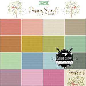 May include: A fabric swatch collection titled "Poppy Seed Basics" by Tilda. The image features a grid of sixteen fabric squares in various pastel colors, including pinks, greens, blues, and yellows. A "Modern Quilter" logo is also present.