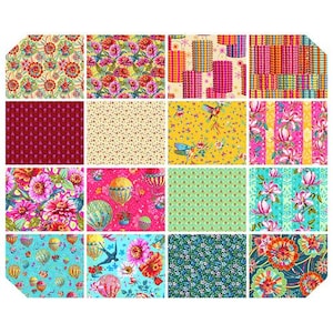May include: A set of 12 colorful fabric squares with various patterns, including floral, geometric, and whimsical designs. The fabrics feature bright colors like pink, yellow, blue, and green.