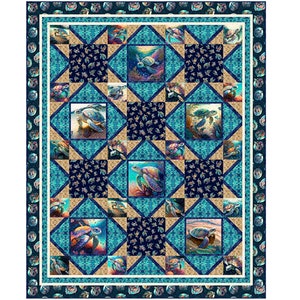 May include: A blue and brown quilt with a repeating pattern of sea turtles. The quilt is made up of squares with a diamond pattern in the center. The sea turtles are surrounded by a pattern of smaller sea turtles.