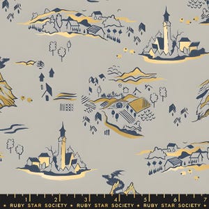 Peut inclure: Un tissu avec un motif répété d'une scène de village en bleu marine et or sur fond gris. Le motif comprend des maisons, des arbres, des montagnes et un dragon. Le texte "RUBY STAR SOCIETY" est en bas.