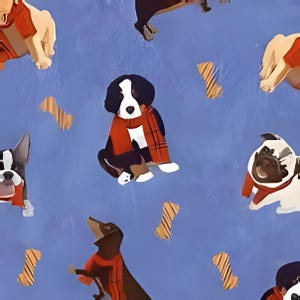 Puede incluir: Un patrón de tela azul que presenta varias razas de perros, incluyendo un boyero de Berna, un bulldog francés y un perro salchicha, todos con bufandas de cuadros rojos. El diseño está intercalado con pequeños huesos de perro rayados color canela.