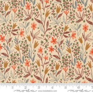 May include: A beige fabric with a repeating pattern of small orange, brown, and gray flowers and leaves. The fabric has a subtle texture and a vintage aesthetic.