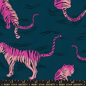 May include: A fabric design with pink tigers and black stripes on a dark teal backdrop. The tigers are depicted in different poses. The text "RUBY STAR SOCIETY" is at the bottom of the image.