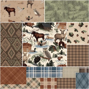 May include: A collage of various fabric patterns with a rustic, outdoorsy theme. Designs include moose, ducks, owls, cabins, acorns, and plaid patterns in shades of brown, green, and blue. The fabrics are suitable for home decor or crafting projects.