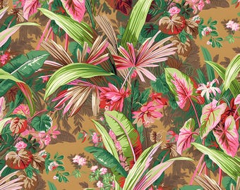 Peut inclure: Un tissu vibrant avec un motif tropical luxuriant. Le motif présente de grandes feuilles vertes, des fleurs roses et rouges, et d'autres feuillages tropicaux sur un fond marron. Le design est détaillé et coloré, créant une sensation de profondeur et de richesse.