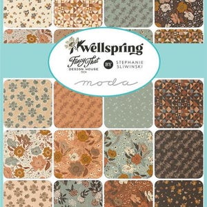 Könnte beinhalten: Eine Stoffmusterkollektion mit dem Titel Wellspring von Fancy That Design House und Stephanie Sliwinski für Moda. Die Darstellung zeigt zwanzig quadratische Stoffproben mit verschiedenen Blumen-, geometrischen und botanischen Mustern in Braun-, Beige- und Salbeitönen.