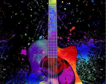 Painted Guitar Panel CD3673/Black by Timeless Treasures | Panel Size = Approximately 20 x 44&quot;