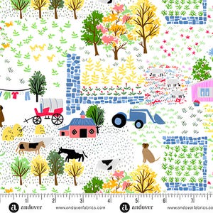 May include: A fabric with a whimsical farm scene design. The pattern features a red covered wagon, pink barn, blue tractor, and various farm animals like cows and a dog, set against a white background with trees and fields.