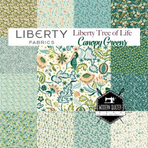 May include: A collection of fabric swatches featuring a variety of floral and geometric patterns in shades of green, blue, and white. The fabrics are labeled "Liberty Tree of Life Canopy Greens" and "Liberty Fabrics".