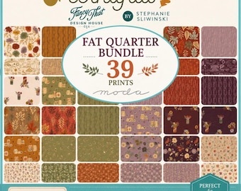 May include: A Windfall fat quarter bundle by Fancy That Design House for Moda Fabrics featuring 39 fabric prints. The collection displays various patterns including autumn leaves, pumpkins, flowers, and textures in shades of orange, brown, and green.