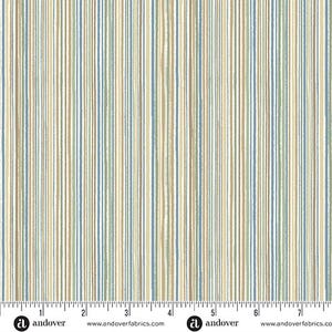 May include: Fabric with vertical stripes in shades of beige, blue, and green. The stripes are of varying widths and are evenly spaced across the fabric. The fabric has a textured appearance and is suitable for various sewing projects.
