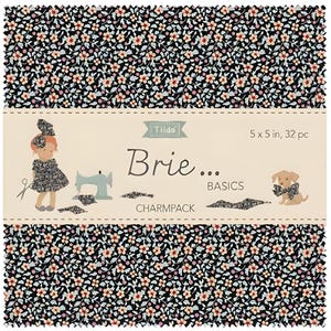 May include: A Tilda Brie Basics charm pack containing 32 fabric squares measuring 5 x 5 inches. The fabric features a black background with a repeating floral pattern in peach, light blue, and white. The packaging includes a label with illustrations of a child, a sewing machine, and a dog, along with the text Tilda, Brie, BASICS, and CHARMPACK.
