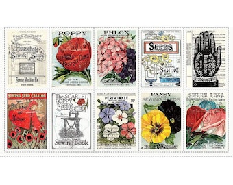 Sewing Seeds III-catalogus patchpaneel CD15682 van J. Wecker Frisch voor Riley Blake | Paneelgrootte = 24" x 44"