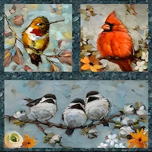 May include: A fabric panel featuring a grid of eight rectangular illustrations of various birds, including a bluebird, cardinal, robin, and hummingbirds, surrounded by floral elements and a dark green border with small bird motifs.