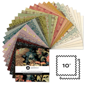 May include: A stack of square fabric swatches arranged in a fan shape, featuring various floral and geometric patterns in shades of black, green, pink, and gold. A paper band labeled Andover is wrapped around the stack, which measures 25.4 cm.