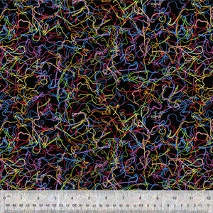 May include: Abstract pattern of colourful lines on a black background. The lines are in shades of blue, red, yellow, and green. The pattern is repeated throughout the image.