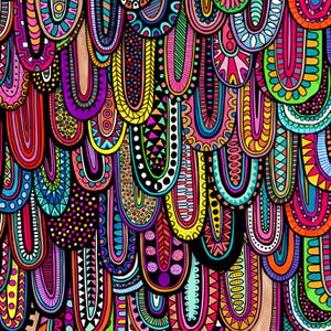 May include: A vibrant, abstract pattern featuring a repeating design of colorful, elongated shapes. The artwork showcases a variety of hues, including pink, green, yellow, and blue, with intricate details and patterns within each shape. The background is black.