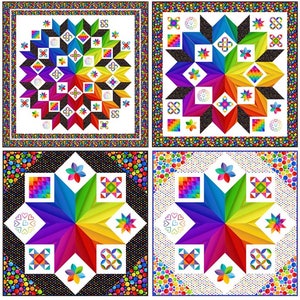 Peut inclure: Quatre blocs de courtepointe colorés avec un motif d'étoile arc-en-ciel. Chaque bloc a une bordure différente, y compris des pois noirs et blancs, des carrés noirs et blancs et une bordure de pois colorés.