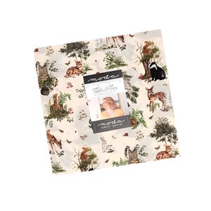 May include: A square fabric panel featuring a whimsical forest scene with deer, squirrels, rabbits, and other woodland creatures. The fabric has a cream background with green trees and foliage. A tag reads "Moda Table & Finn".