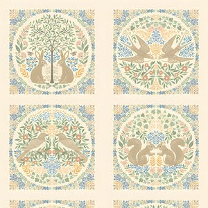 May include: Fabric panel featuring eight circular designs with woodland creatures and floral patterns. Each design includes deer, rabbits, birds, or squirrels. The panel measures 24" x 44", with individual squares measuring 10".