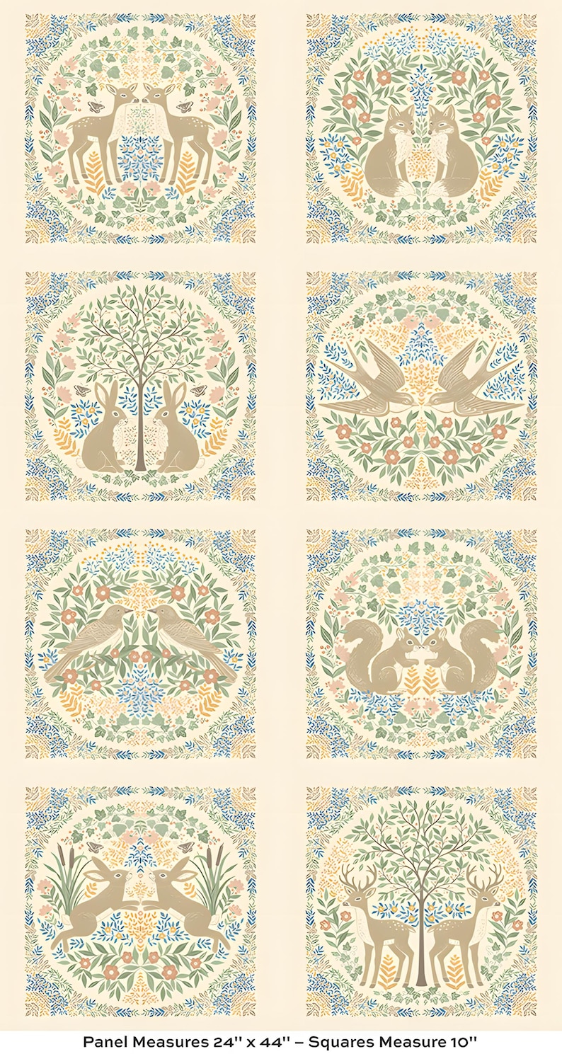 May include: Fabric panel featuring eight circular designs with woodland creatures and floral patterns. Each design includes deer, rabbits, birds, or squirrels. The panel measures 24" x 44", with individual squares measuring 10".