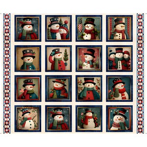 May include: A fabric panel featuring a grid of framed images of snowmen. Each snowman wears a top hat, scarf, and often a coat, with patriotic and winter themes. The border has a repeating star pattern in red, white, and blue.