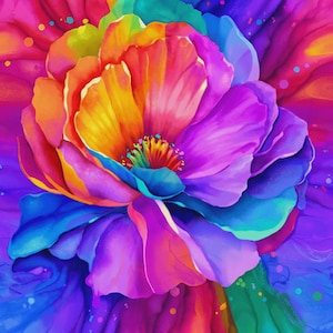 May include: A vibrant, abstract floral design featuring a large, multi-colored flower. The petals transition from yellow to orange, pink, purple, and blue. The background is a blend of rainbow hues, creating a dynamic and eye-catching artwork.