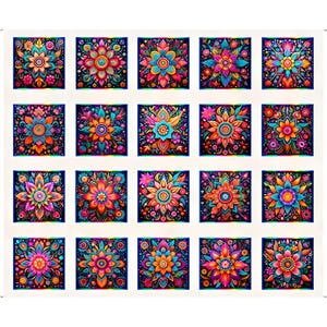 May include: A collection of twenty square tiles, each featuring a vibrant floral design. The flowers are rendered in a variety of colors, including blue, orange, pink, and green, set against a dark background. The overall aesthetic is reminiscent of a mandala or decorative art.
