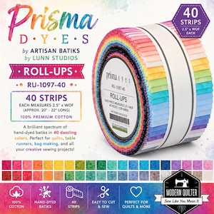 May include: A roll of 40 fabric strips from the Prisma Dyes collection by Artisan Batiks. Each strip measures 6.35 cm by WOF. The fabric features a spectrum of hand-dyed batik colours including pink, yellow, green, blue, and purple hues.