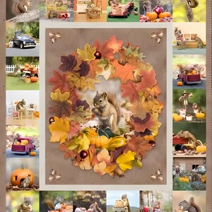 May include: A collage of photographs featuring squirrels in various autumn-themed settings, including scenes with pumpkins, miniature furniture, toy vehicles, and a central wreath made of colorful fall leaves surrounding a single squirrel.