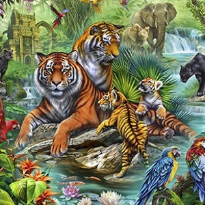 May include: A colourful jungle scene featuring a family of tigers, an elephant, and parrots. The tigers are sitting on a rock by a waterfall. The scene is painted in a realistic style.
