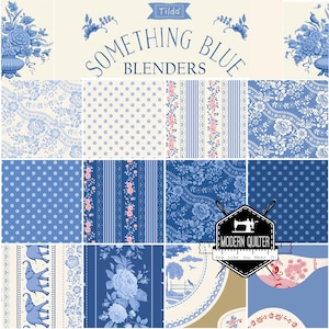 May include: A fabric collection titled "Something Blue Blenders" featuring various blue and white patterns. Designs include polka dots, floral stripes, and detailed floral prints. The image also includes the "Modern Quilter" logo.