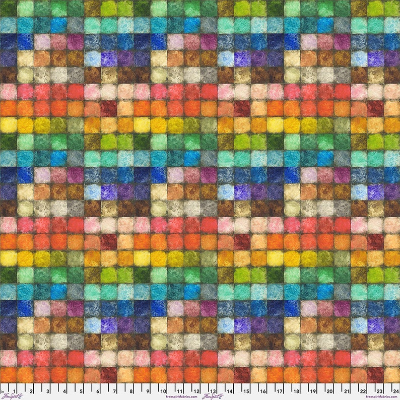 May include: A colourful fabric with a repeating pattern of small squares in various shades of green, blue, red, yellow, and brown. The squares are arranged in a grid pattern, creating a geometric design.