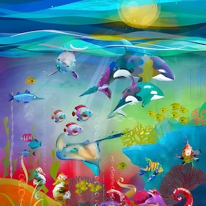 May include: A vibrant, colorful illustration of an underwater scene. Orcas, fish, seahorses, and an octopus swim among coral and bubbles. The artwork features a bright yellow sun and layered blue waves.