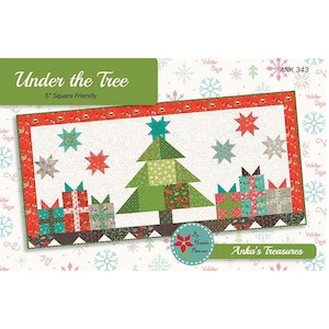 May include: A quilt pattern for a Christmas-themed quilt featuring a green tree, red and green presents, and white stars on a white background. The pattern is titled "Under the Tree" and is 5 inches square friendly. The pattern is by Heather Petersen and is part of Anka's Treasures.