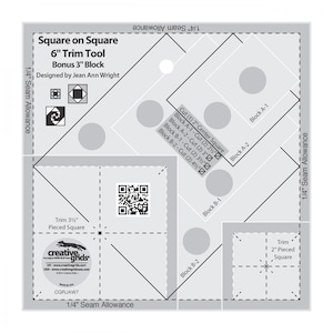 May include: A black and white diagram showing how to make a 6-inch square-on-square quilt block. The diagram includes instructions for cutting fabric and a QR code.