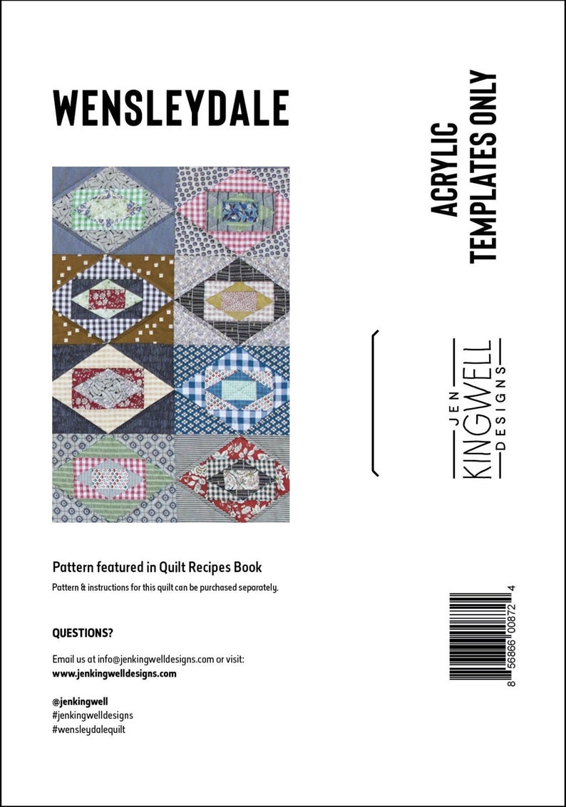May include: Wensleydale quilt pattern template, featuring a colorful patchwork design with geometric shapes. The template is made of acrylic and is for use with quilting projects. The pattern is featured in the Quilt Recipes Book.