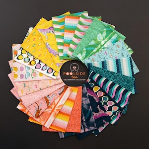 May include: A collection of colorful fabric swatches arranged in a circular pattern. The fabrics feature various patterns, including sunglasses, zebras, and tropical designs. The color palette includes yellow, pink, green, and blue. The center has a black circle with the text "Poolside too Collaborative Collection."
