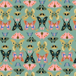 May include: A repeating pattern of colorful butterflies and moths in various sizes and designs on a teal background. The butterflies feature shades of pink, blue, yellow, and black. The pattern is symmetrical and detailed, creating a whimsical and artistic design.