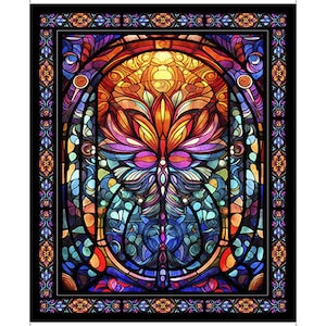 May include: A stained glass window design featuring a colorful butterfly with intricate details. The butterfly is surrounded by a frame with a floral pattern.