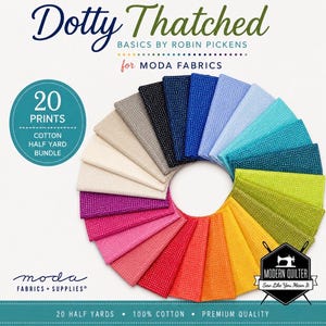 May include: A bundle of 20 cotton fabric prints arranged in a circular fan pattern. Each piece features a small white dot pattern on a solid colour background, including shades of black, blue, purple, pink, red, orange, yellow, and green.