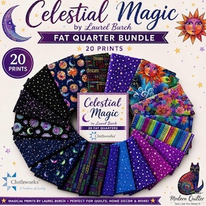 May include: A Celestial Magic fat quarter bundle by Laurel Burch featuring 20 fabric prints in shades of blue, purple, and black. The collection includes patterns with stars, moons, suns, flowers, and text, arranged in a fan shape around a central label.