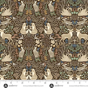 May include: A fabric pattern featuring a repeating design of woodland creatures and foliage. The design includes foxes, rabbits, deer, swans, and birds, set against a dark brown background with accents of beige, green, and blue. The fabric has a vintage aesthetic.