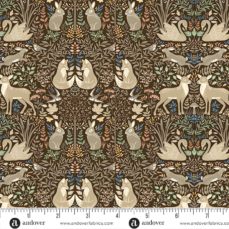 May include: A fabric pattern featuring a repeating design of woodland creatures and foliage. The design includes foxes, rabbits, deer, swans, and birds, set against a dark brown background with accents of beige, green, and blue. The fabric has a vintage aesthetic.