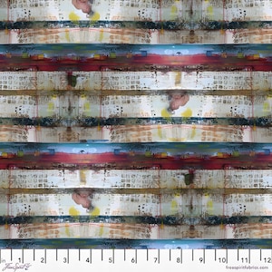 May include: A fabric swatch featuring a repeating abstract pattern with horizontal bands of deep red, teal, and muted yellow. The design includes weathered textures, grid-like markings, and faint script, with a 12-inch ruler visible at the bottom edge.